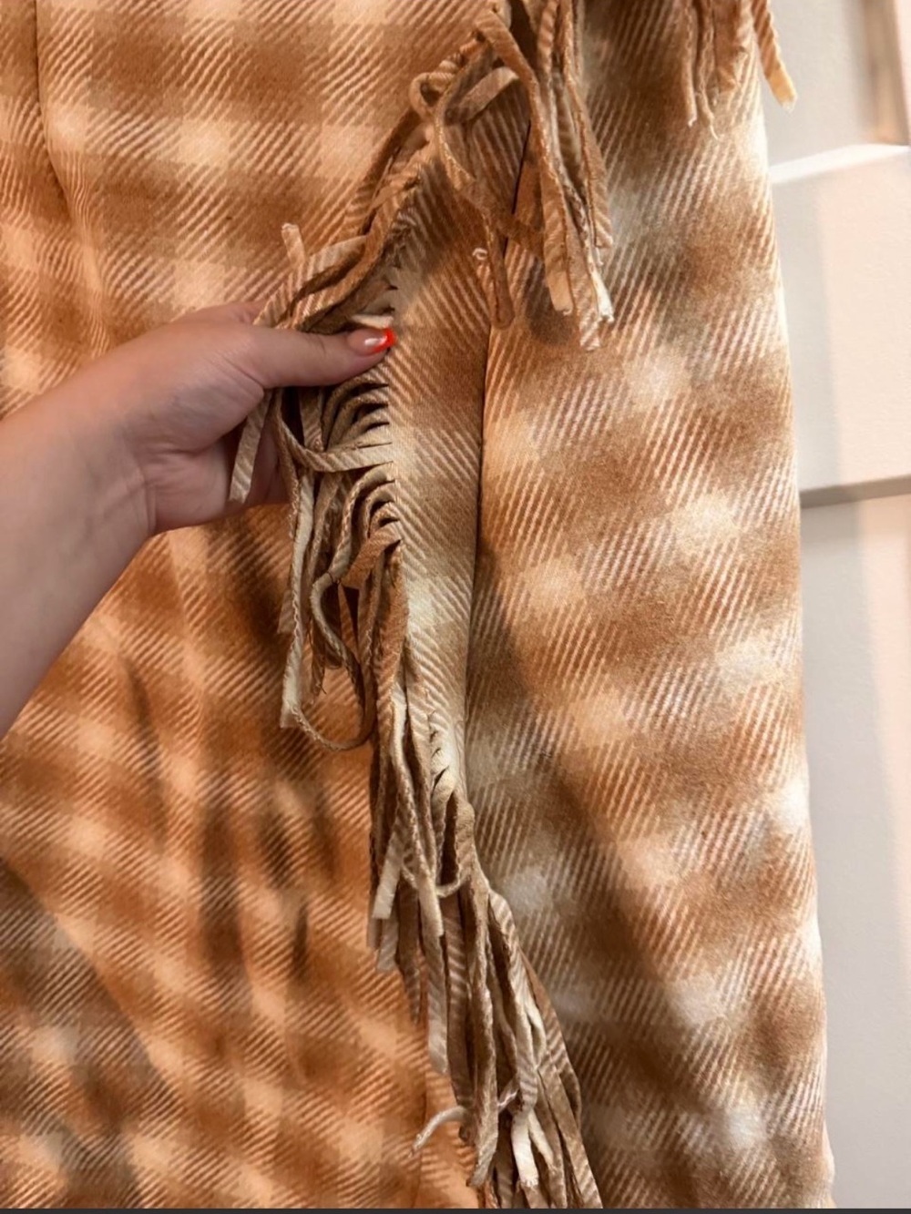 Time and Tru Tan and Cream Plaid Asymmetrical Fringe Midi Skirt - Picture 3 of 4
